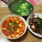 周日午餐：尖椒鸭、麻婆豆腐、小菜汤