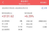 24年2月22日：止盈青岛银行，持股28天收益率6.29%