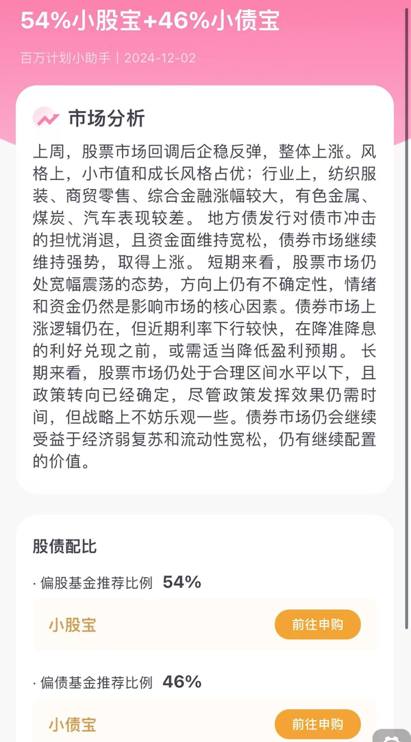 「百万计划」本周投资比例：54%小股宝+46%小债宝
